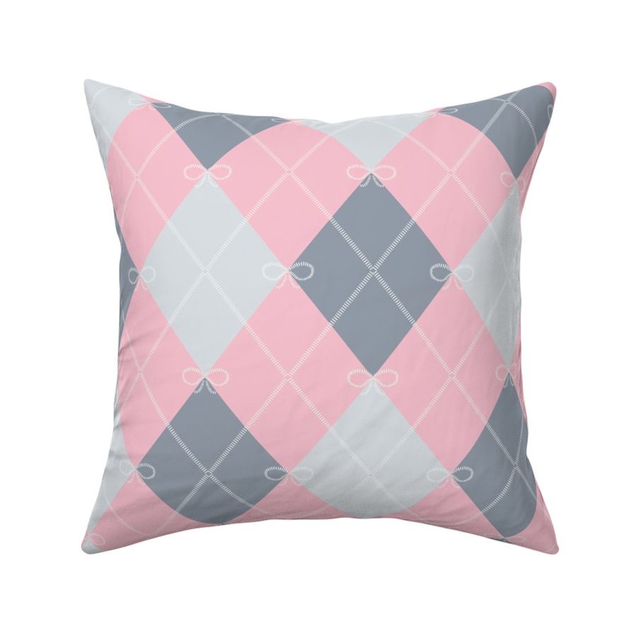 Large - Preppy Argyle Diamond Diagonal Stripes with Bows - Pale Pink - Silver Grey - Slate Grey