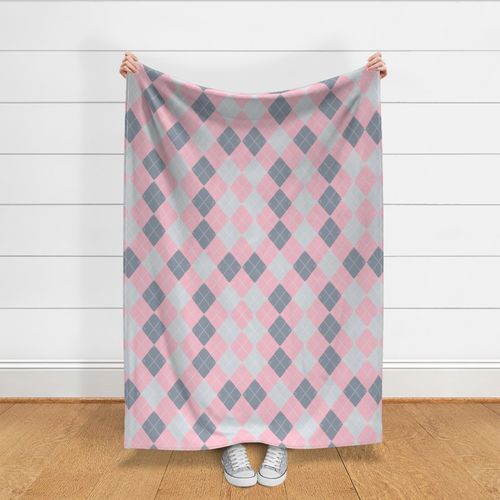 Large - Preppy Argyle Diamond Diagonal Stripes with Bows - Pale Pink - Silver Grey - Slate Grey