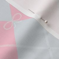 Large - Preppy Argyle Diamond Diagonal Stripes with Bows - Pale Pink - Silver Grey - Slate Grey