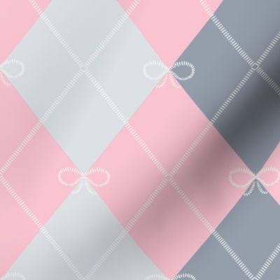 Large - Preppy Argyle Diamond Diagonal Stripes with Bows - Pale Pink - Silver Grey - Slate Grey