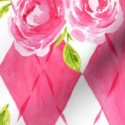 Large Watercolor Girly Preppy Pink Roses and Argyle Diamonds with Plain White (#FFFFFF) Background