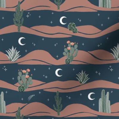 desert cactus starry night scene on blue with green and terracotta | mid scale 