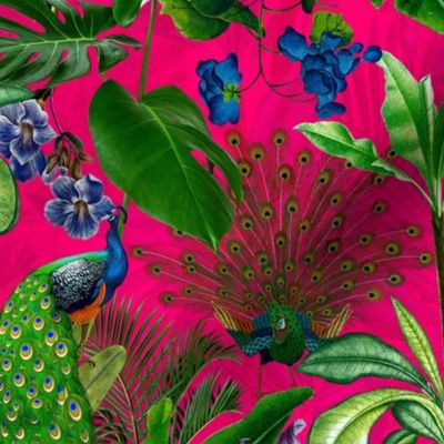 Rainforest Inspired Nostalgic Lush Luxurious Bold Banana Palm Tree Garden And Animals Forest: Vintage Home Decor and Wallpaper - Grand Millennial Jungle with Tropical And Exotic Leaves And Peacocks Birds - magenta pink