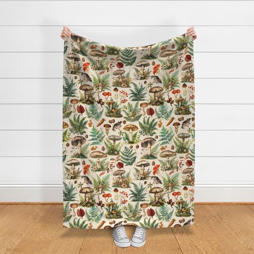 Forest Mushroom Fern Pattern Green Beige