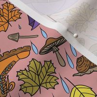 (Medium) Retro Cartoon Rainy Day with Boots, Umbrellas, Mushrooms, Leaves and Snails Pink  Background