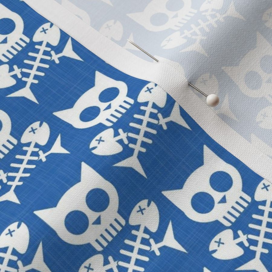 Smaller Scale Cat Skulls And Fish Bones On Blue Crosshatch