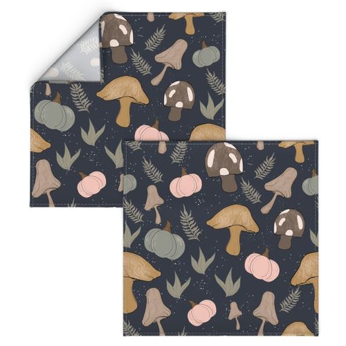 Aesthetic Autumn Mushrooms and Preppy Pink Boho Pumpkins on Dark Blue Gray