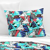 80s Neon Pattern with Bunny Rabbits Retro 80s Neon Shapes Blue Triangles