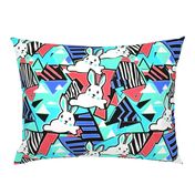 80s Neon Pattern with Bunny Rabbits Retro 80s Neon Shapes Blue Triangles