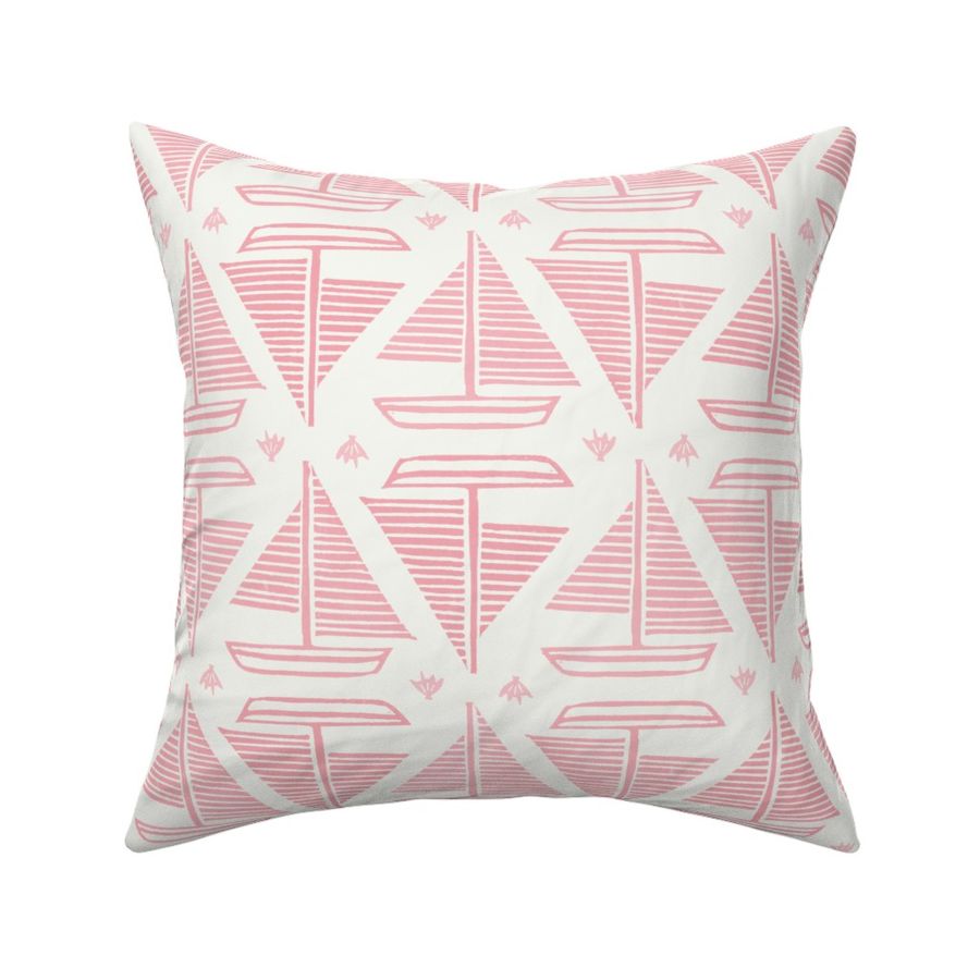 Sail boats and shells block print rose pink on ecru