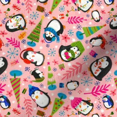 Ditsy Penguin Christmas - Pink (Medium)