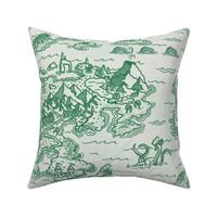 Old Fantasy Map with Happy Sea Monsters - Sage Green on Light Green