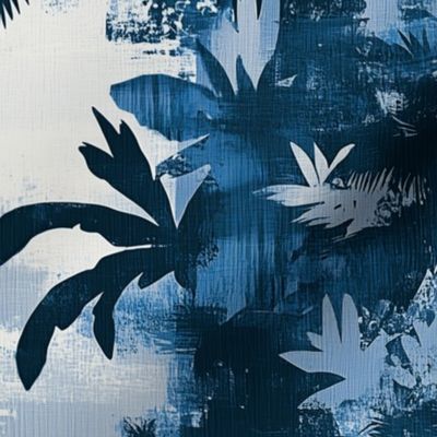 Tropical Palm Abstract Print in Cobalt Blue and Navy Medium 