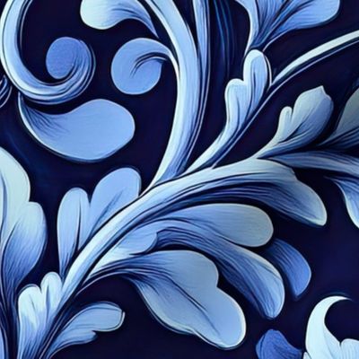 Blue on Blue Traditional Vintage Floral Design on Midnight Blue Background