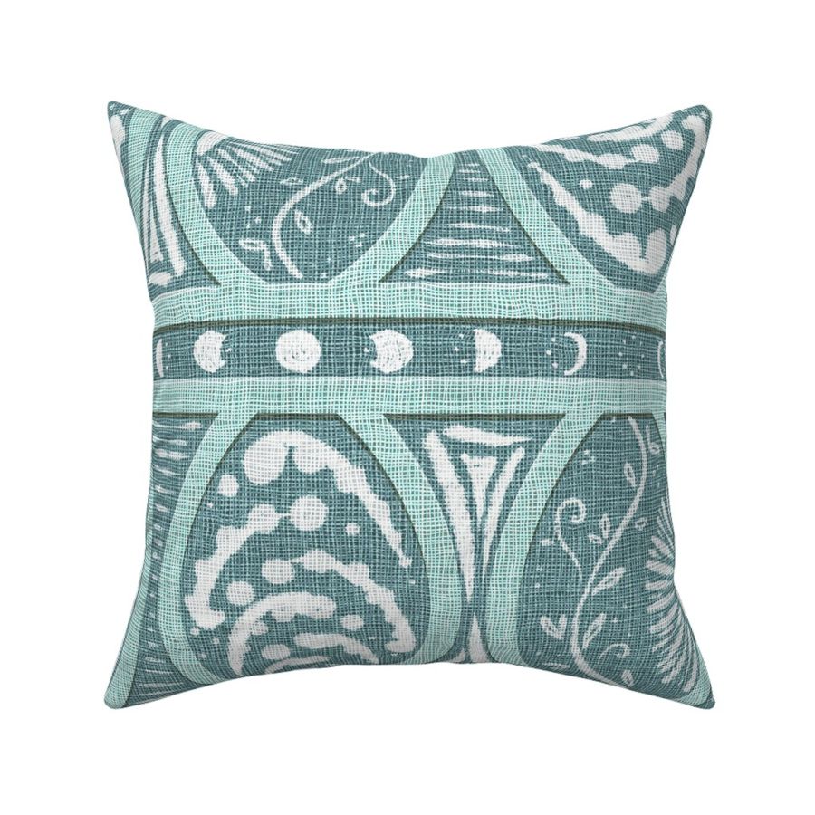 Calm Coastal Celestial Boho Farmhouse Mud Cloth Ikat Linen blue green (L)