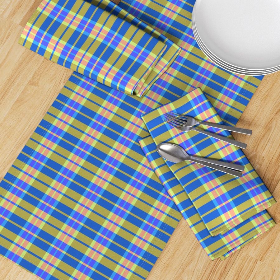 Neon Daviana Plaid Pattern - Yellow Peach Royal Blue  (M) 6 Inch