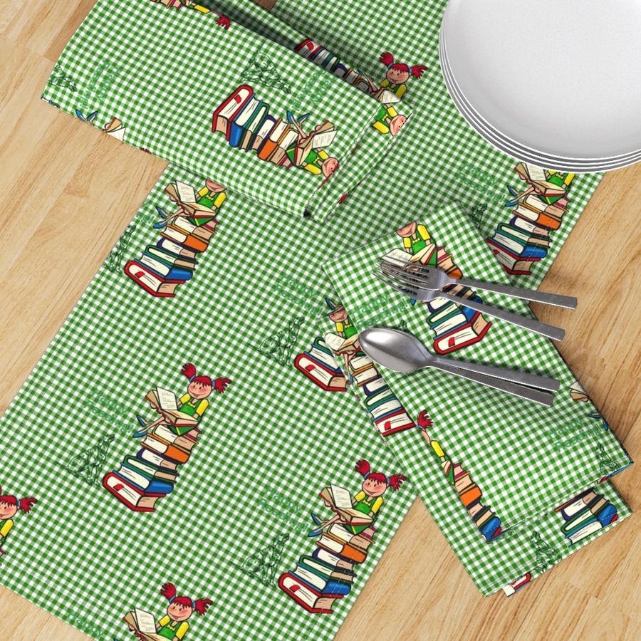 Reading to Dog l Green Gingham l Dogs' Teacher Girl l Educational Textile