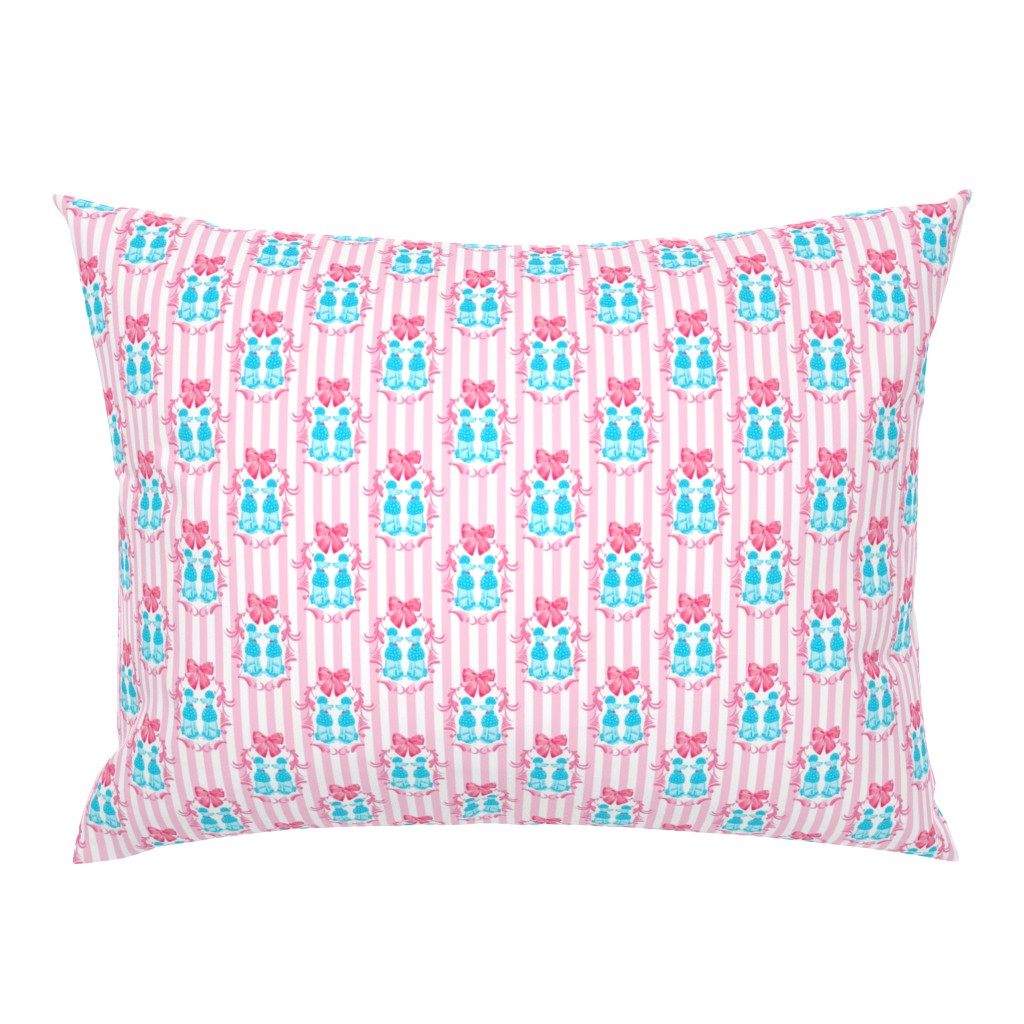 Preppy blue gingham coquette poodles on pink stripes and bows small