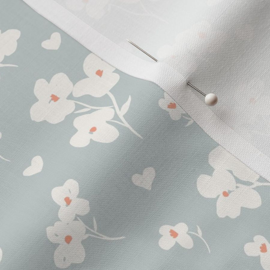 Baby Blossoms Floral And Hearts - White with Peach on Grey