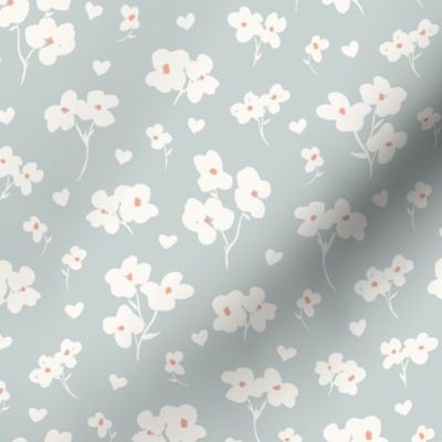 Baby Blossoms Floral And Hearts - White with Peach on Grey