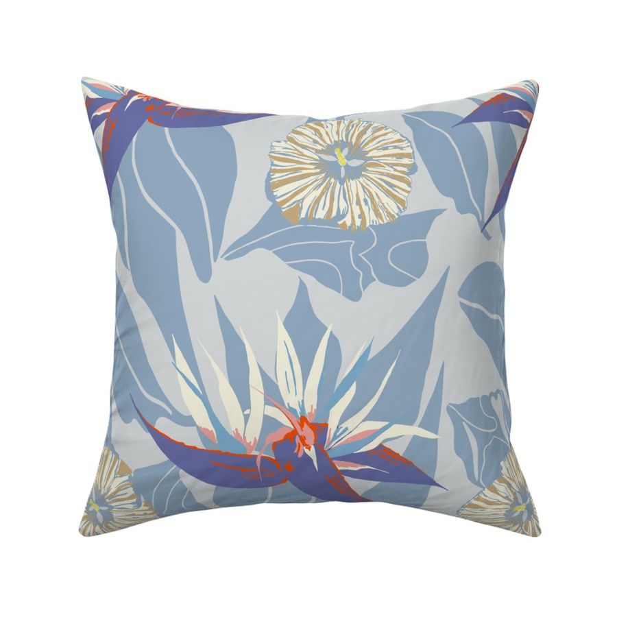 A Festive Paradise with hibiscus and white bird of paradise in dove blue