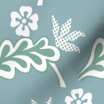 FLOWERS AND LEAVES - blue/green - large