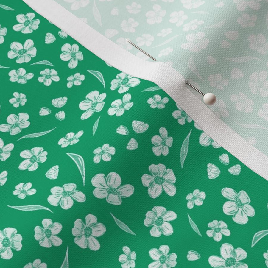 Tiny quilting floral - small white flowers on jade green