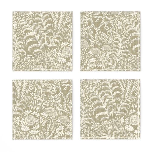 Forest floor with ferns and hedgehogs neutral natural beige-large scale 18"