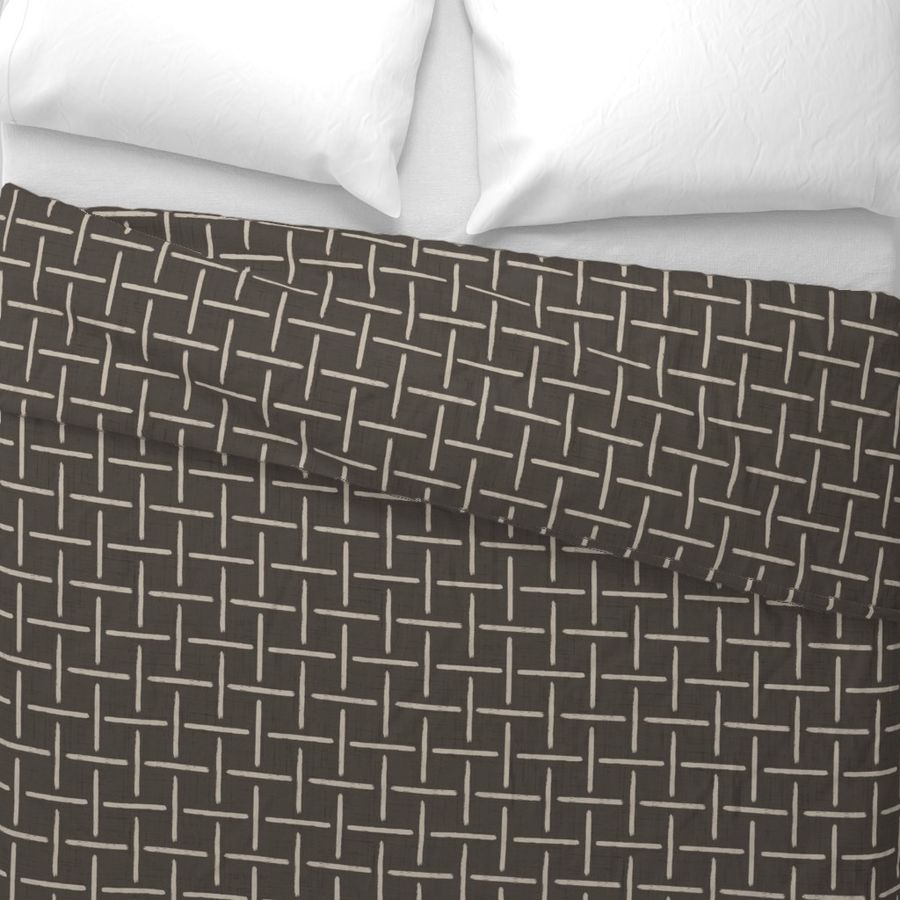 Brown Japandi Modern Brush Strokes Linen Texture Check Weave Grid Geometric