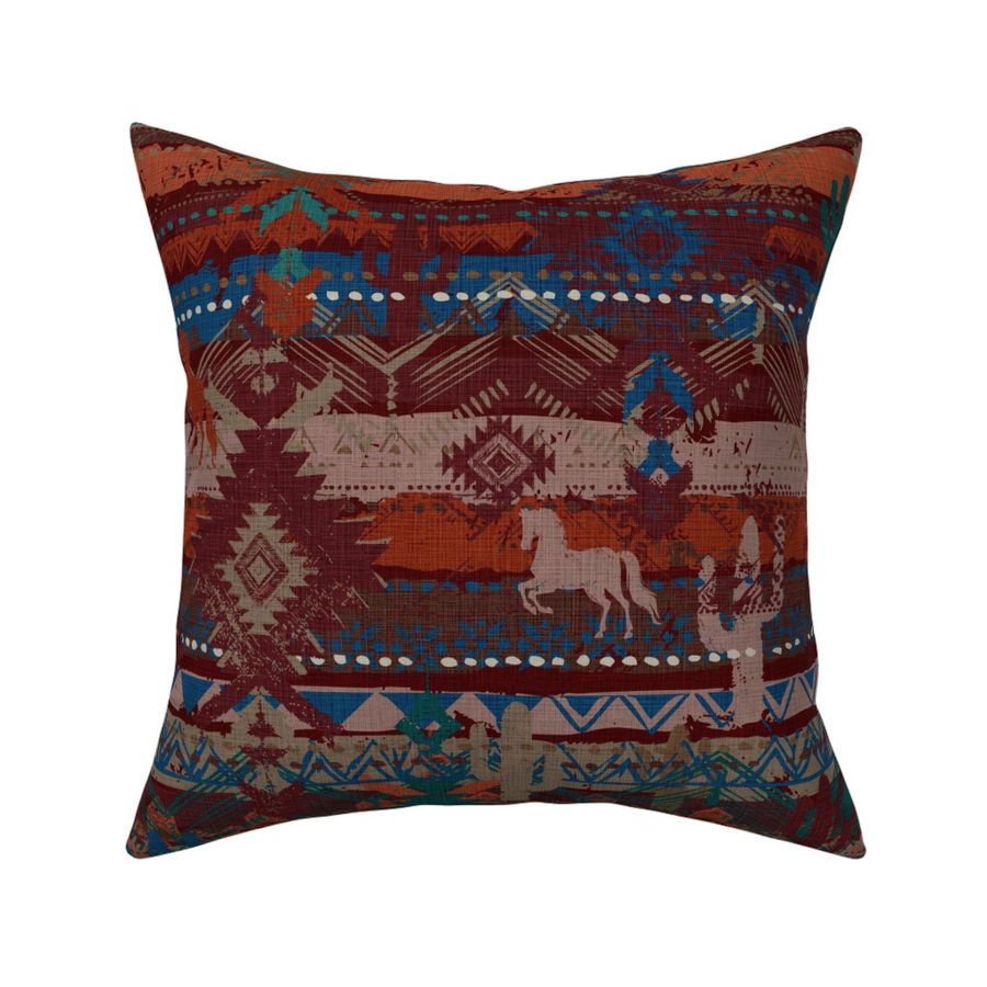 Large Size Rustic Western Americana Horses Cacti Orange Navajo-Inspired