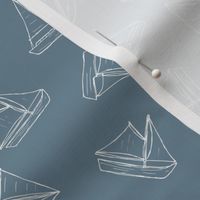 Hand drawn sailboat summer design raw outline white on cool blue