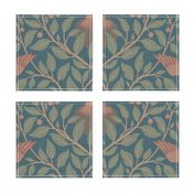 Cabincore Bird Botanical - Rustic Nursery Cherry Tree Design - Peacock Blue