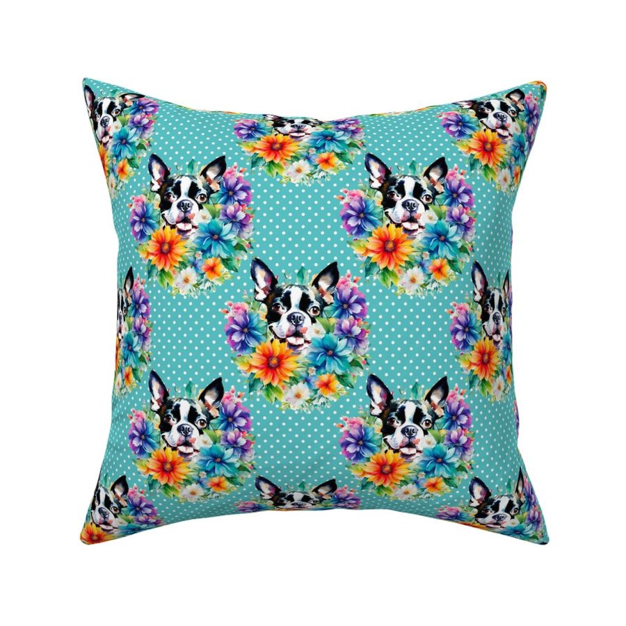 Bigger Boston Terrier Dog Bright Flowers And Polkadots Blue