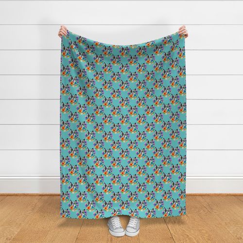 Bigger Boston Terrier Dog Bright Flowers And Polkadots Blue