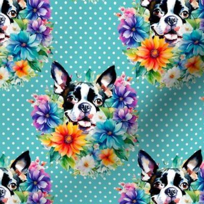 Bigger Boston Terrier Dog Bright Flowers And Polkadots Blue