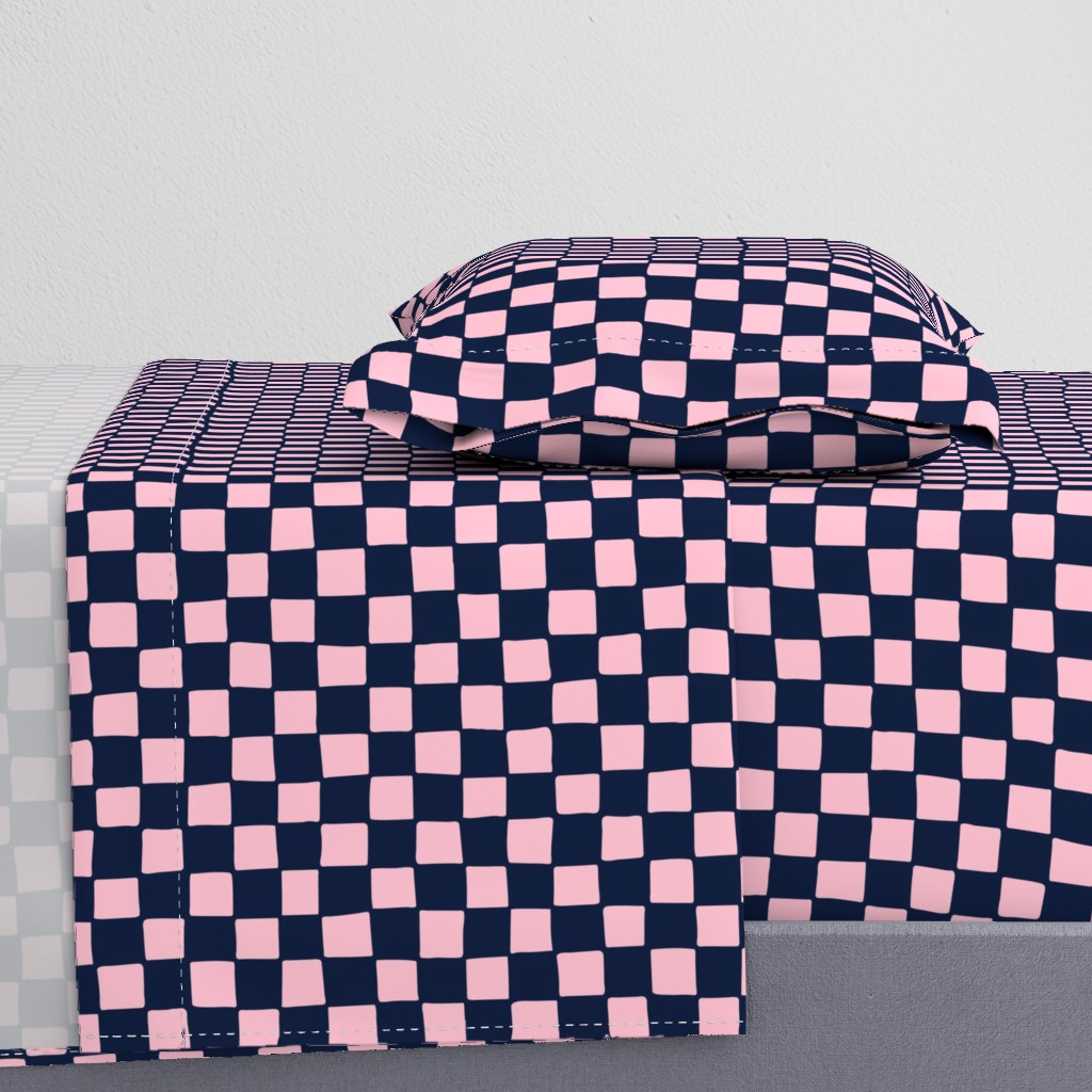 Whimsical Wobbly Checkerboard -1 in Dark Navy Blue Light & Pink Checks