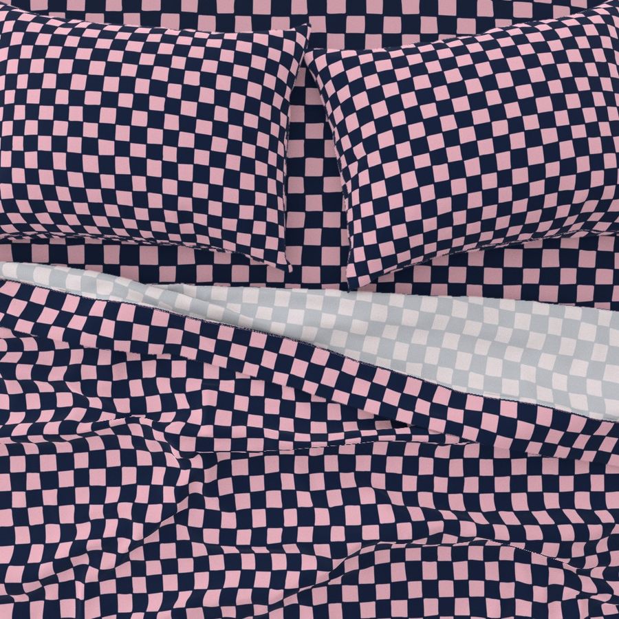 Whimsical Wobbly Checkerboard -1 in Dark Navy Blue Light & Pink Checks