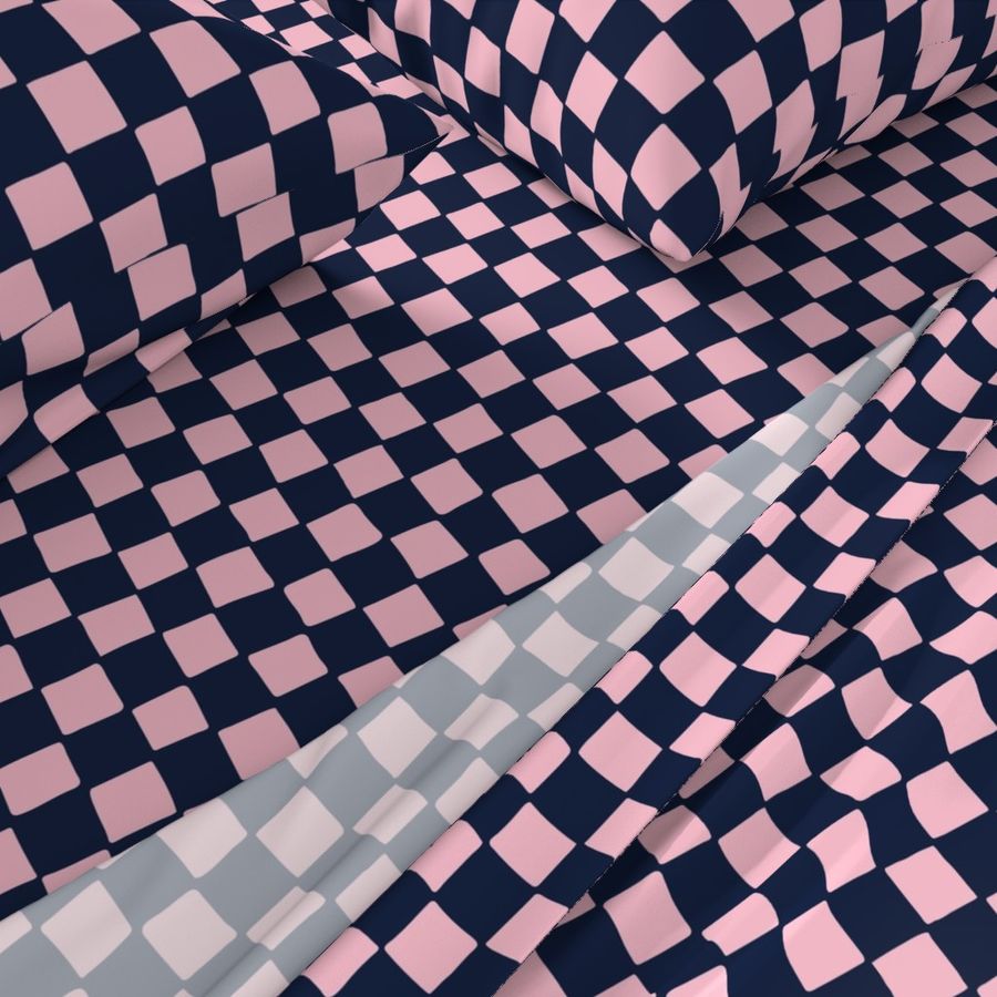 Whimsical Wobbly Checkerboard -1 in Dark Navy Blue Light & Pink Checks