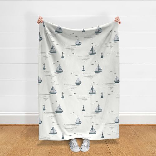 Sailboats On The Bay Toile In Soft Blue On White