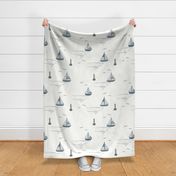 Sailboats On The Bay Toile In Soft Blue On White