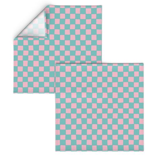 Whimsical Wobbly Checkerboard -1 in Turquoise Blue & Light Pink Checks