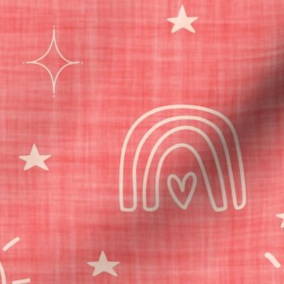 Whimsical hand drawn celestial motifs on a coral pink red background