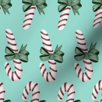 Red Candy Cane with Green Bow on Mint Large Scale