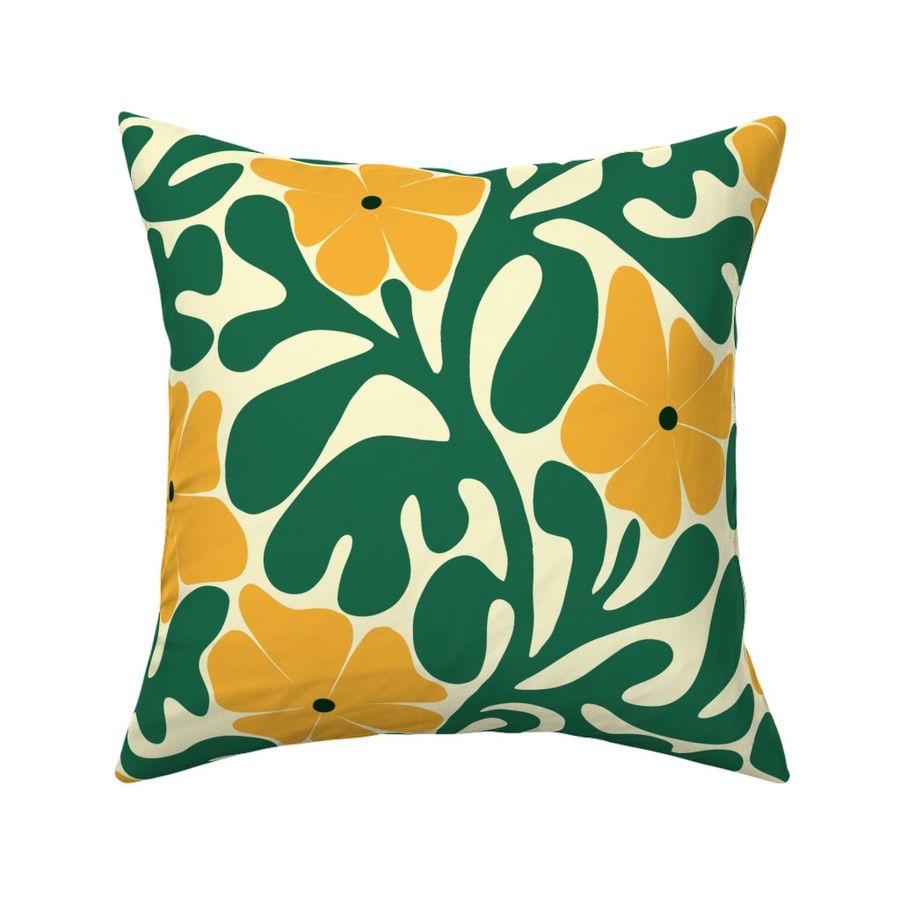 Large Matisse modern block printed daisy flowers - classic green and yellow