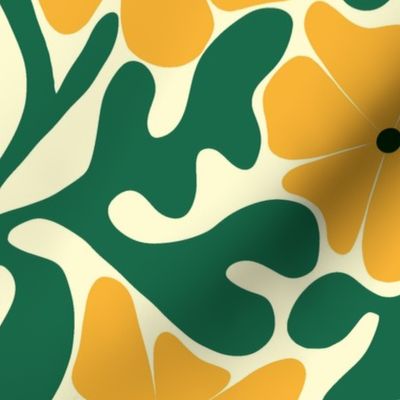 Large Matisse modern block printed daisy flowers - classic green and yellow