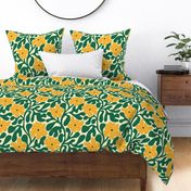 Large Matisse modern block printed daisy flowers - classic green and yellow