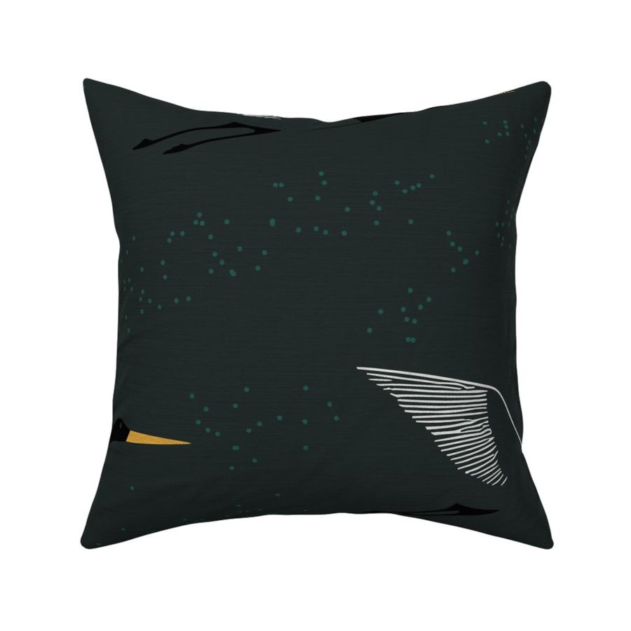 flying birds with off white and black on very dark lush green - Large