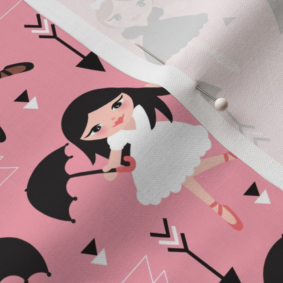 Cute pink geometric ballerina dancing girls illustration pattern