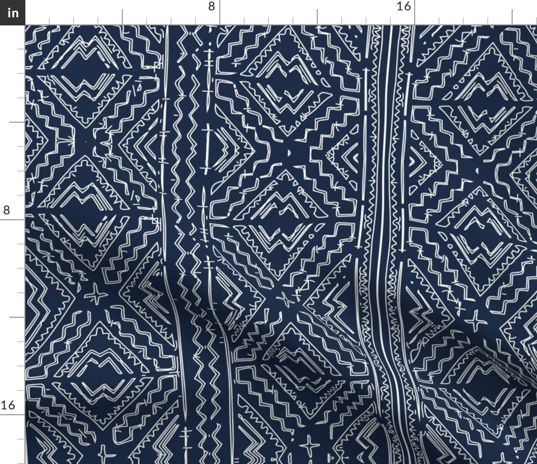 African mud cloth mudcloth tribal white on blue