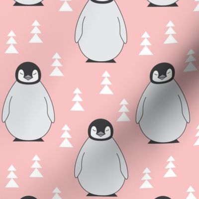 large penguins with triangle-trees-on-soft-pink